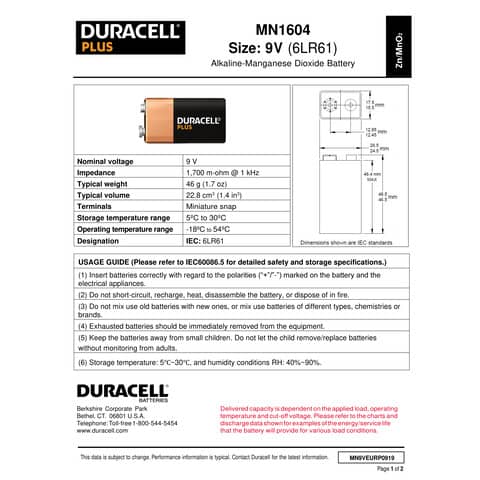 Batterie alcaline Duracell Plus100 Transistor 9V - MN1604 - blister da 1 - DU0503